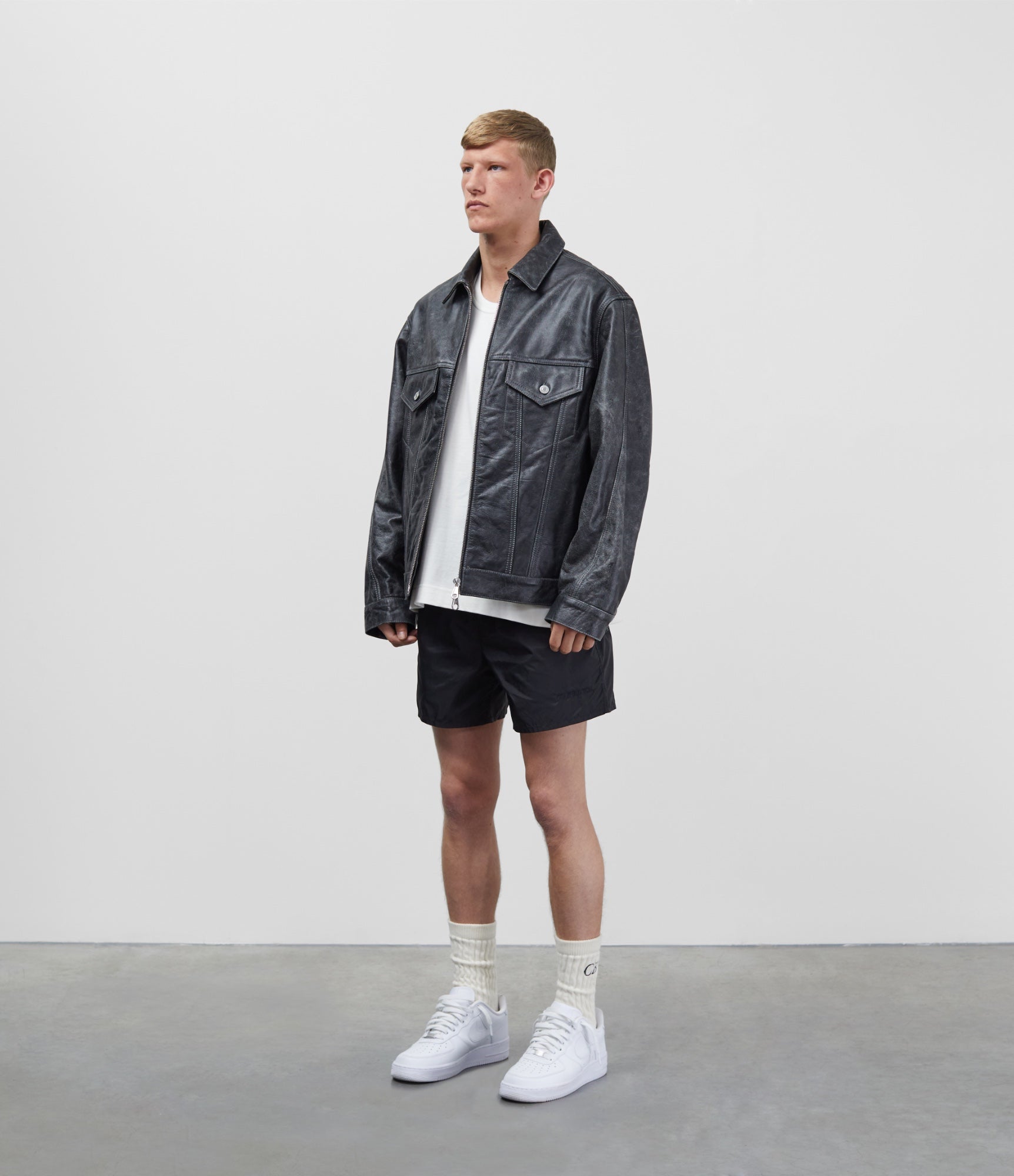 Cole Buxton | Cracked Leather Trucker Jacket | Mens | Black