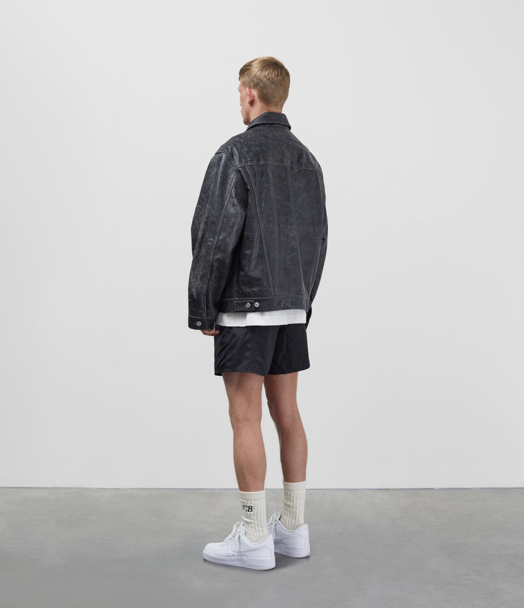 Cole Buxton | Cracked Leather Trucker Jacket | Mens | Black