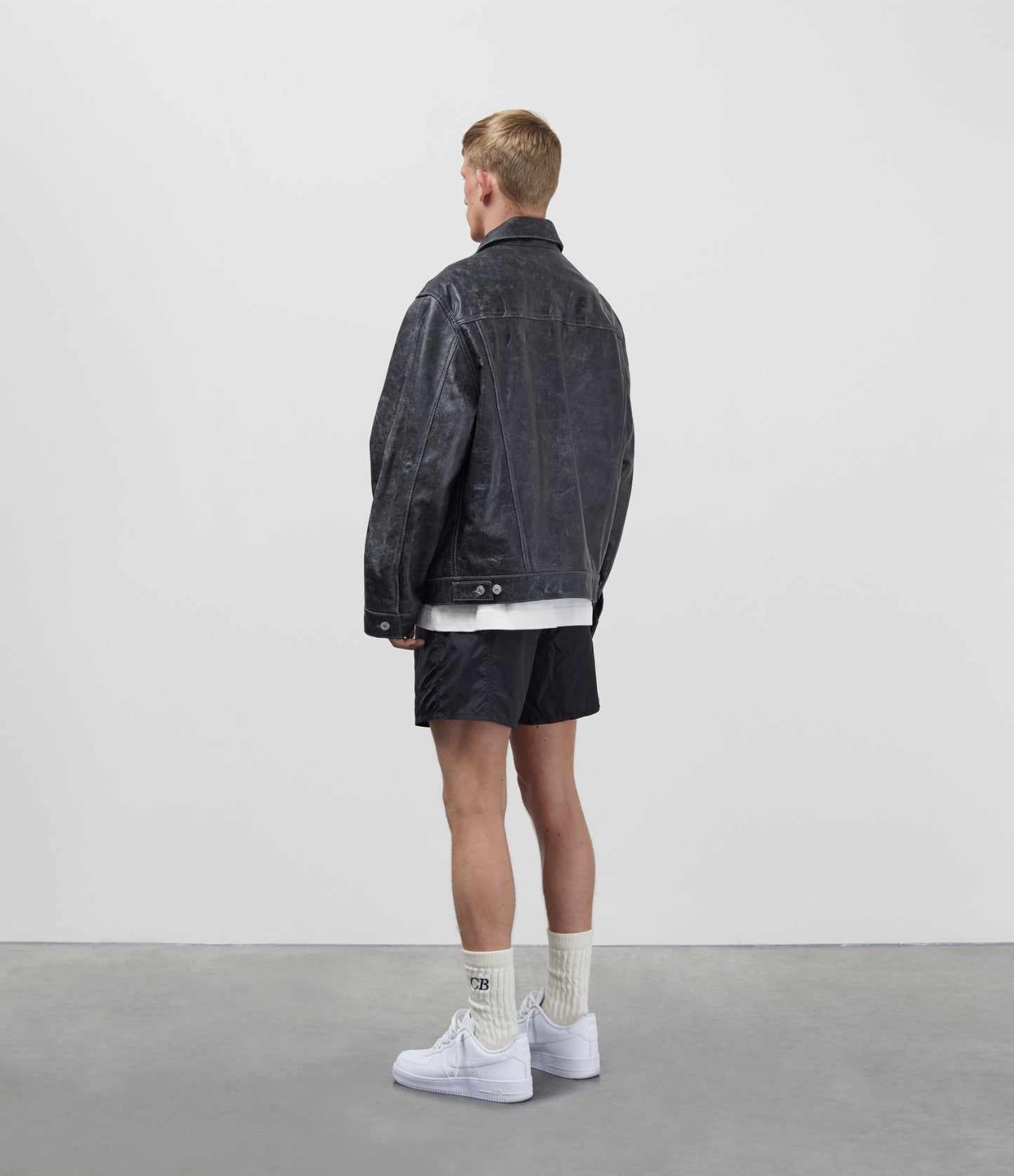 Cole Buxton | Cracked Leather Trucker Jacket | Mens | Black