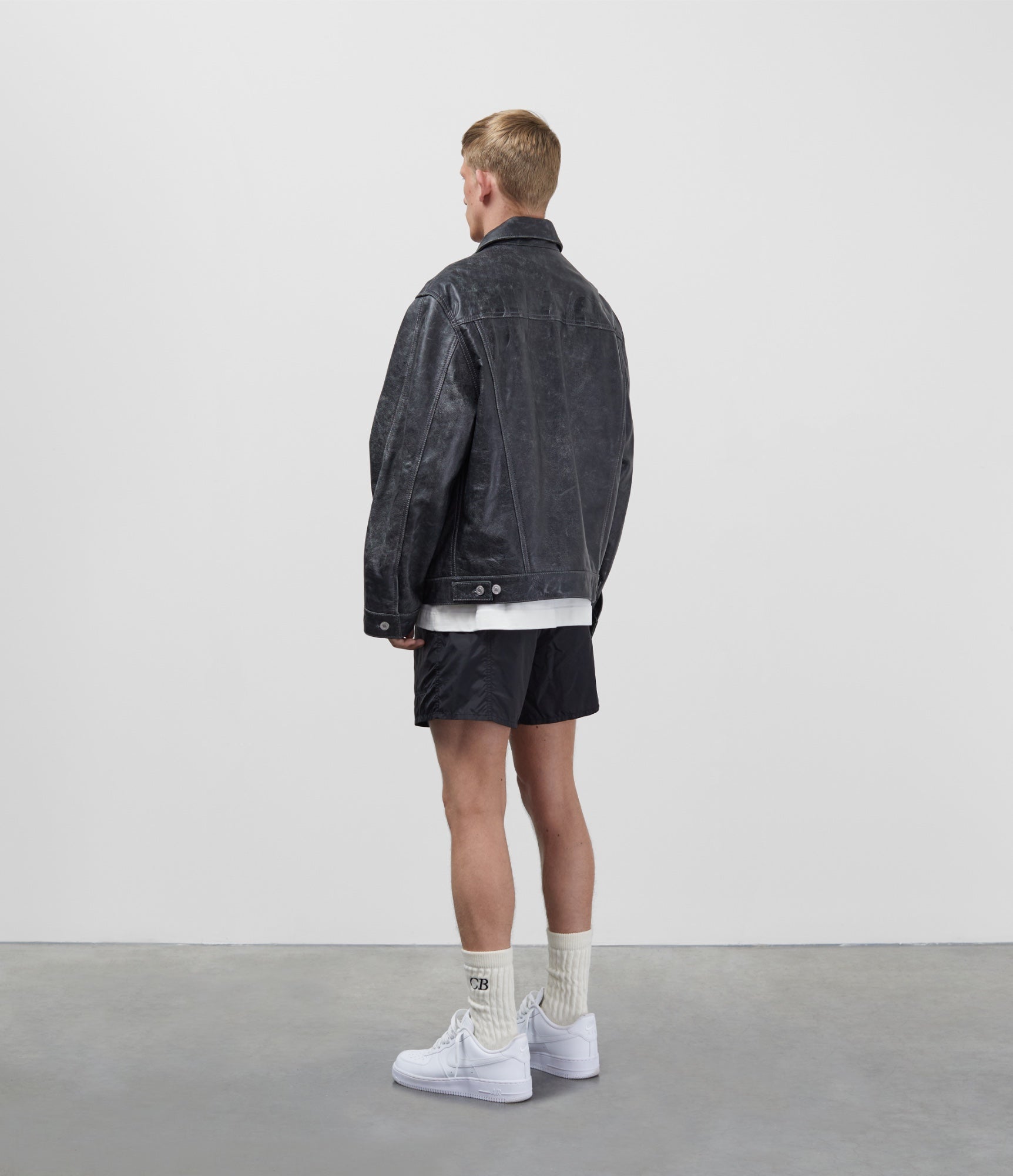 Cole Buxton | Cracked Leather Trucker Jacket | Mens | Black