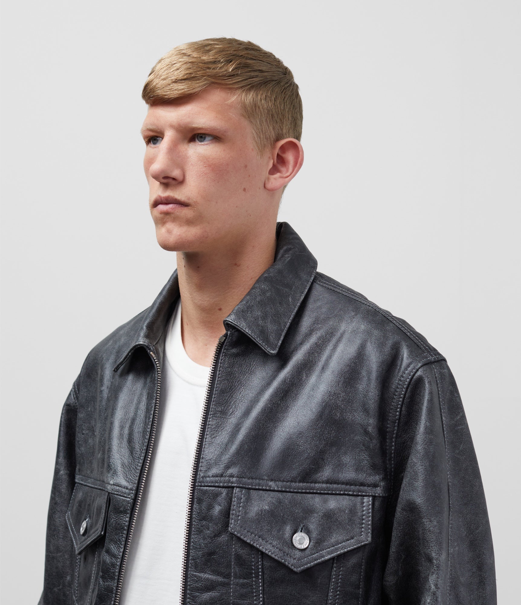 Cole Buxton | Cracked Leather Trucker Jacket | Mens | Black