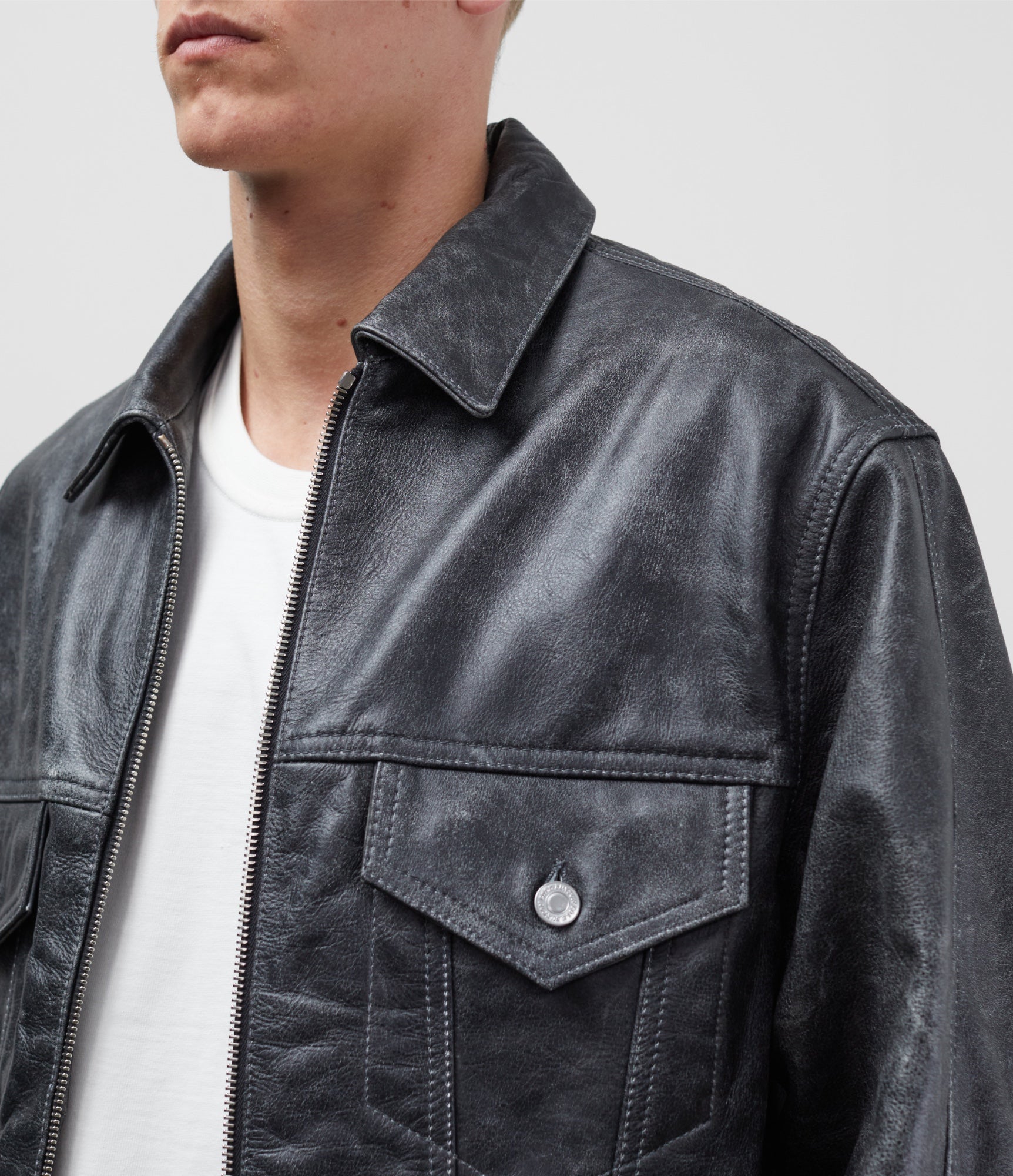 Cole Buxton | Cracked Leather Trucker Jacket | Mens | Black