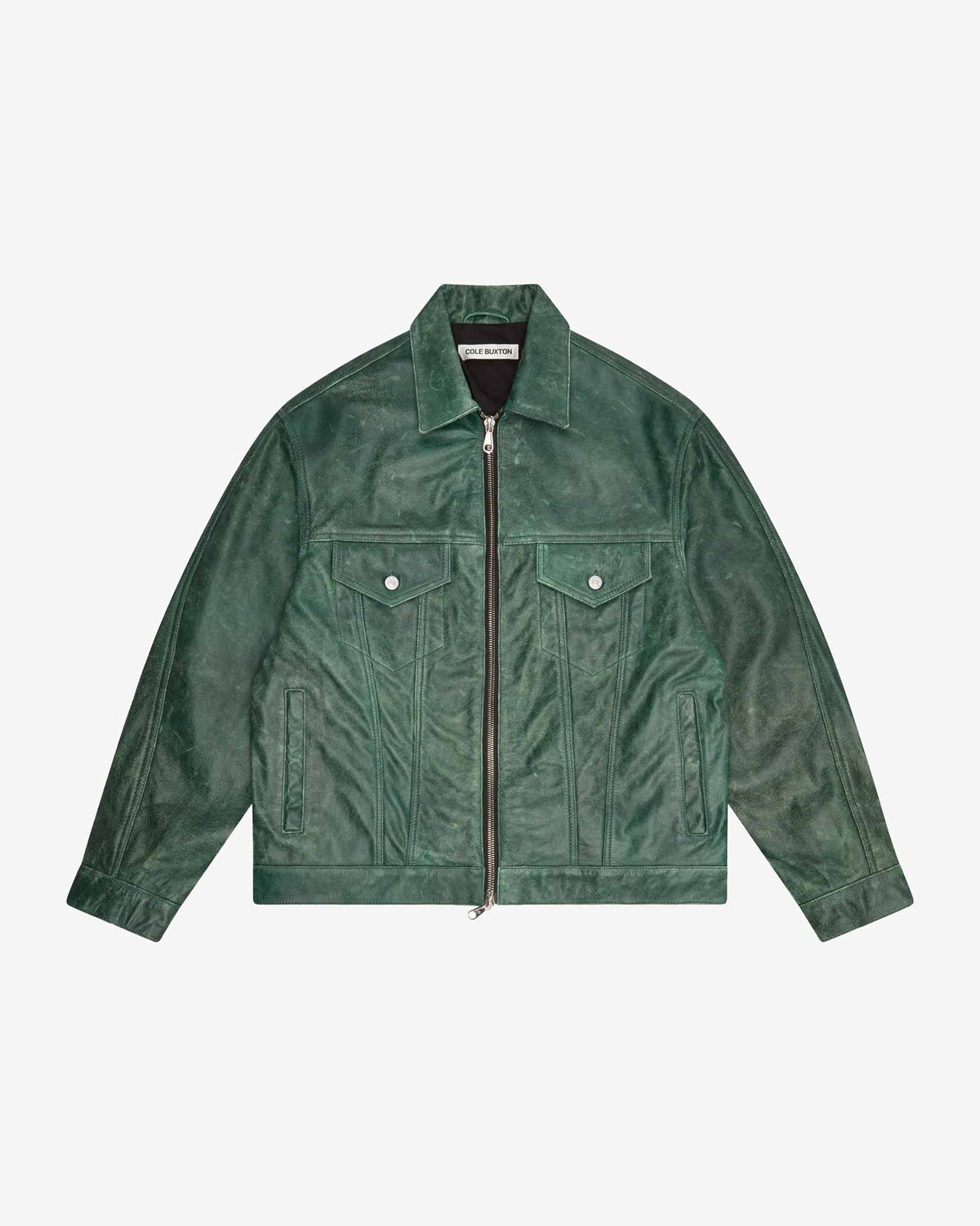 Cole Buxton | Cracked Leather Trucker Jacket | Mens | Green