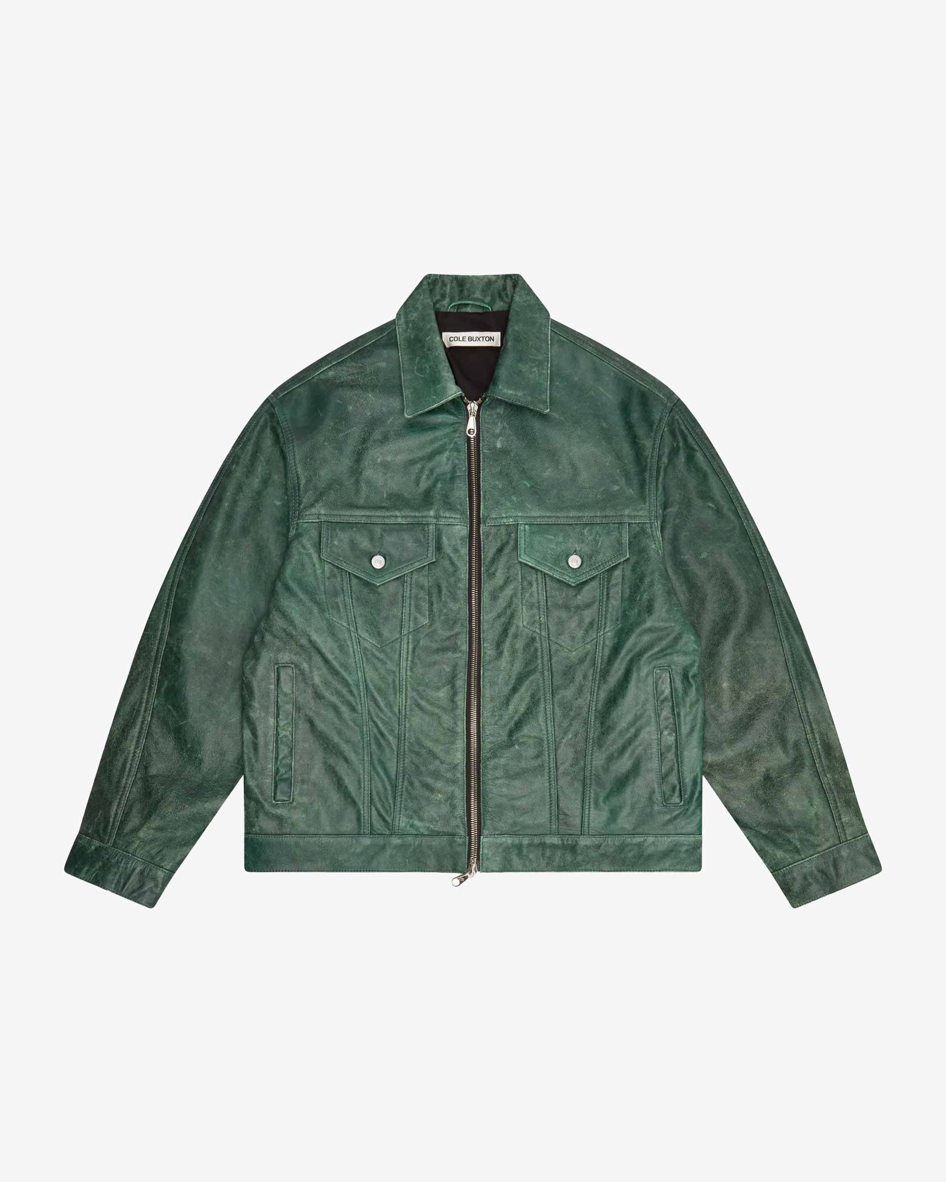 Cole Buxton | Cracked Leather Trucker Jacket | Mens | Green