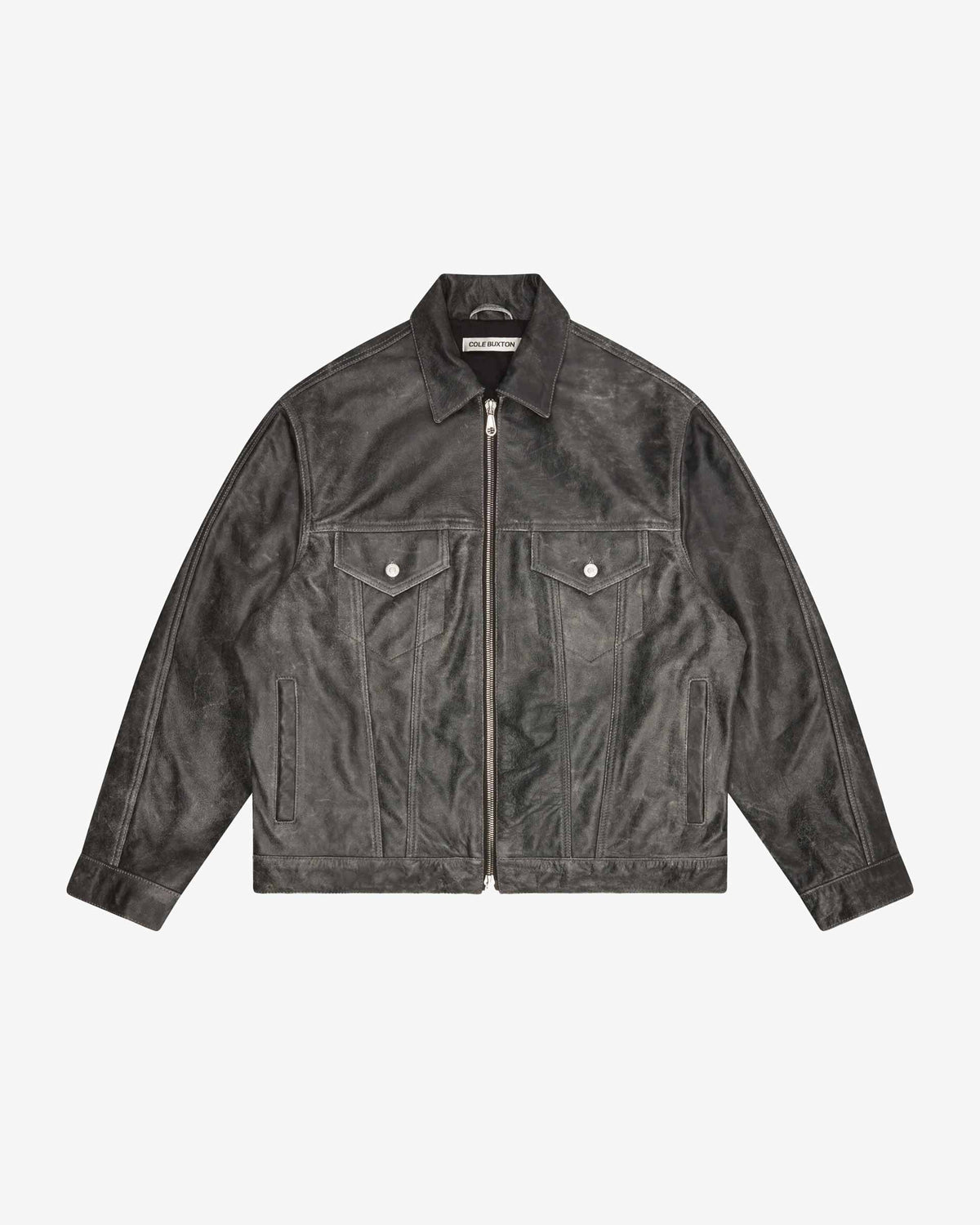 Cole Buxton | Cracked Leather Trucker Jacket | Mens | Black