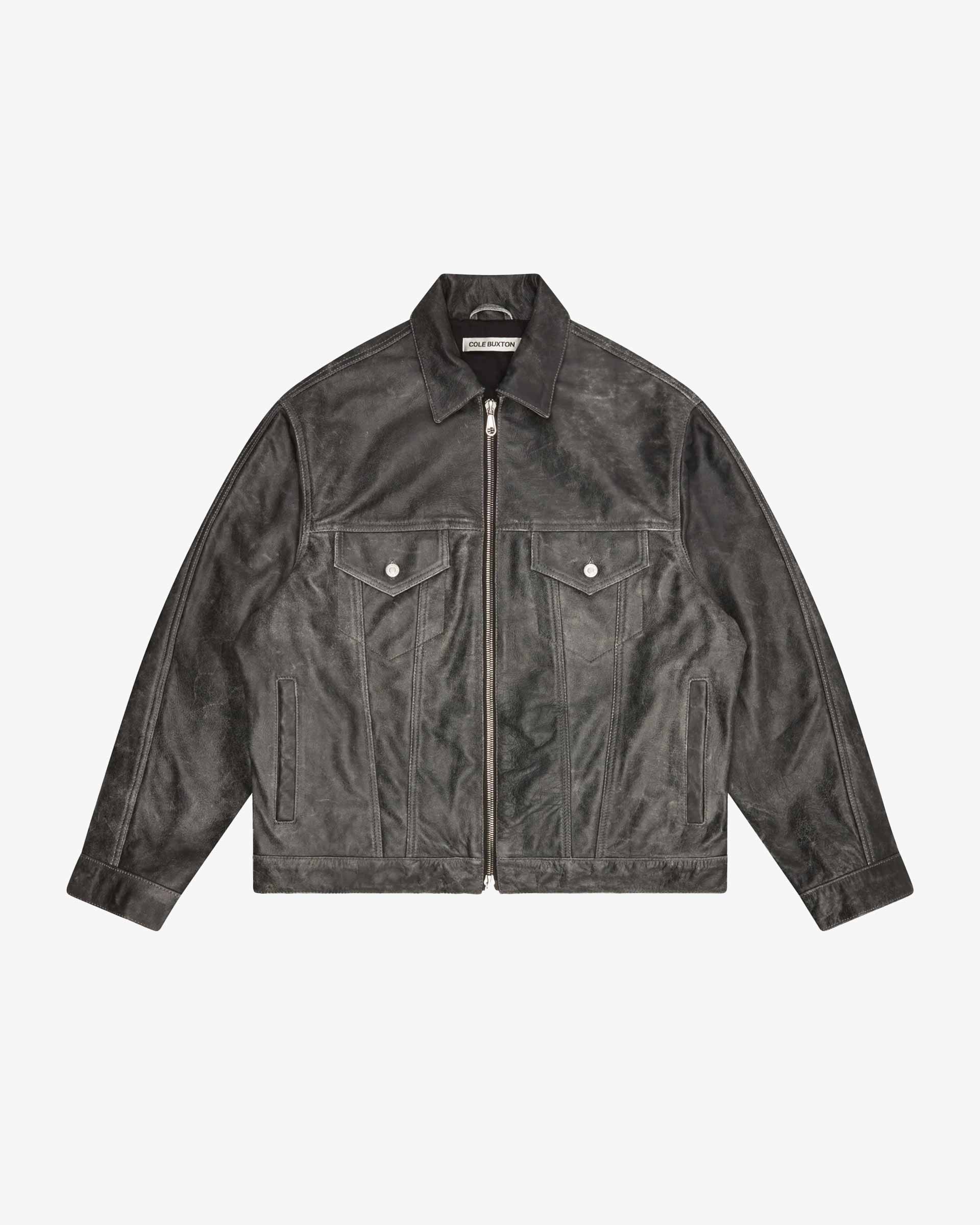 Cole Buxton | Cracked Leather Trucker Jacket | Mens | Black