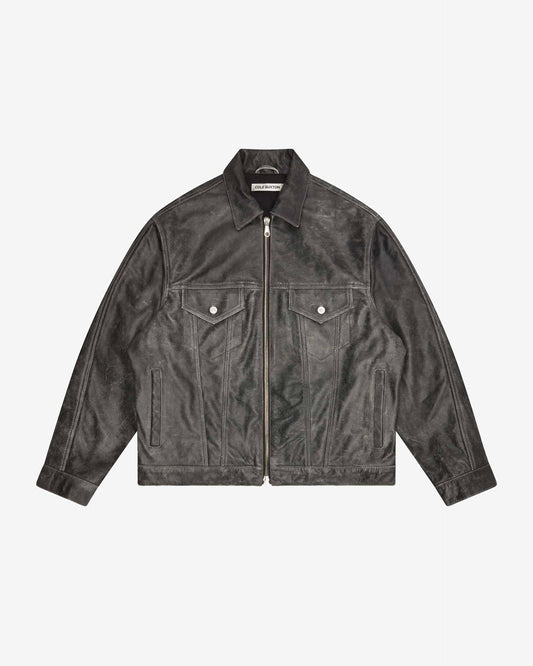 Cole Buxton | Cracked Leather Trucker Jacket | Mens | Black