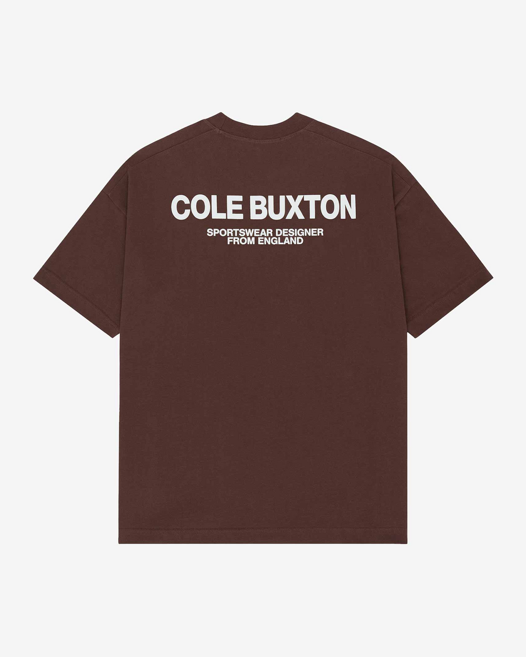 Brown t-shirt with 'Cole Buxton' text on the back against a white background