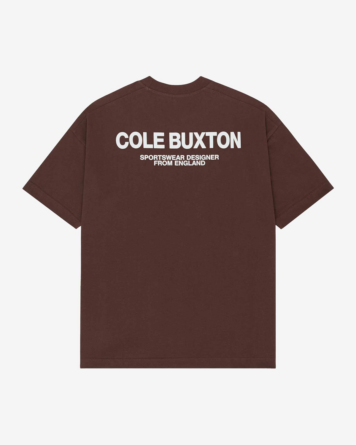 Brown t-shirt with 'Cole Buxton' text on the back against a white background