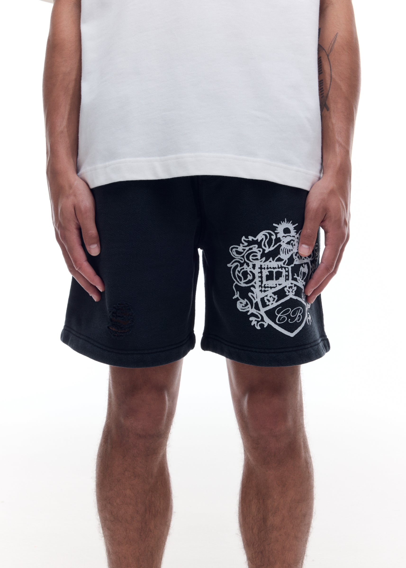 DISTRESSED COLLEGIATE CREST SHORTS