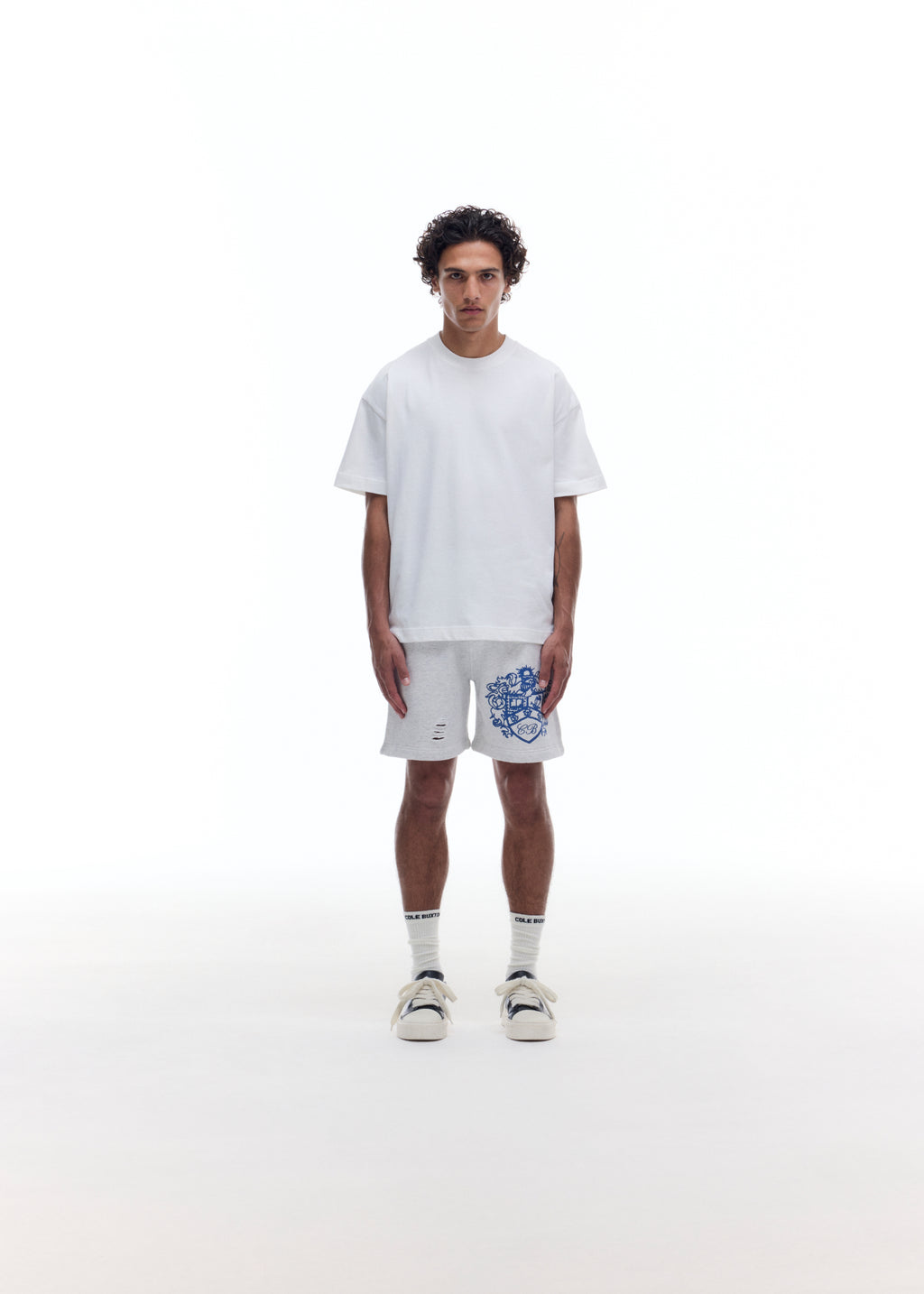 DISTRESSED COLLEGIATE CREST SHORTS