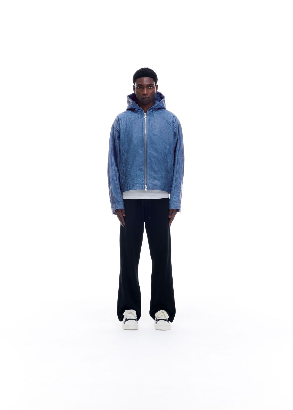 Cole Buxton | Hooded Leather Jacket | Mens | Leather | Blue