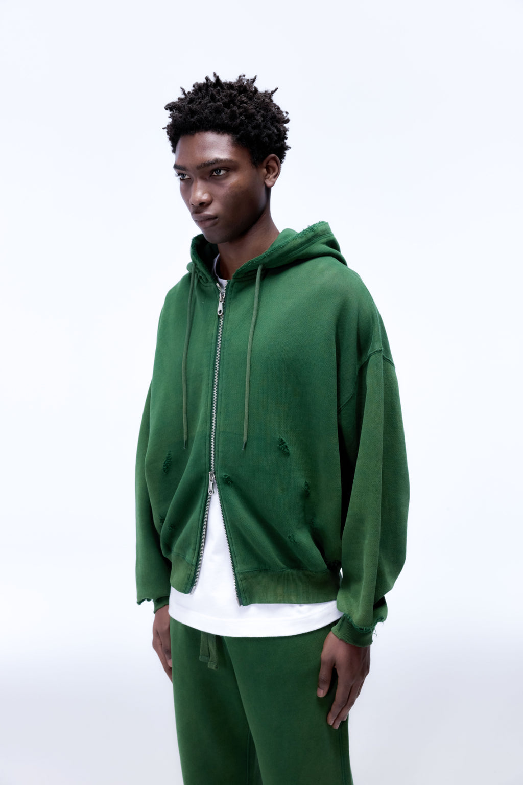 Cole Buxton | Distressed Zipped Hoodie | Mens | Washed Forest Green