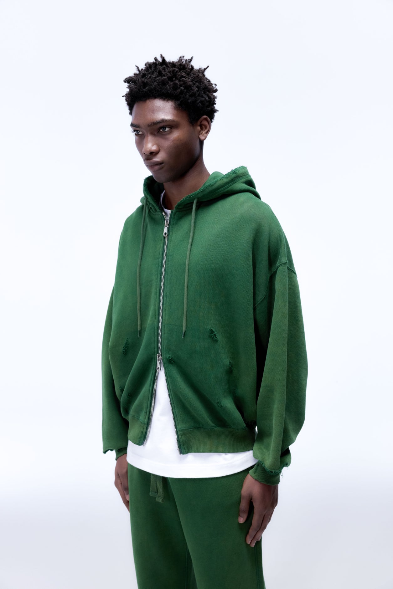 Cole Buxton | Distressed Zipped Hoodie | Mens | Washed Forest Green