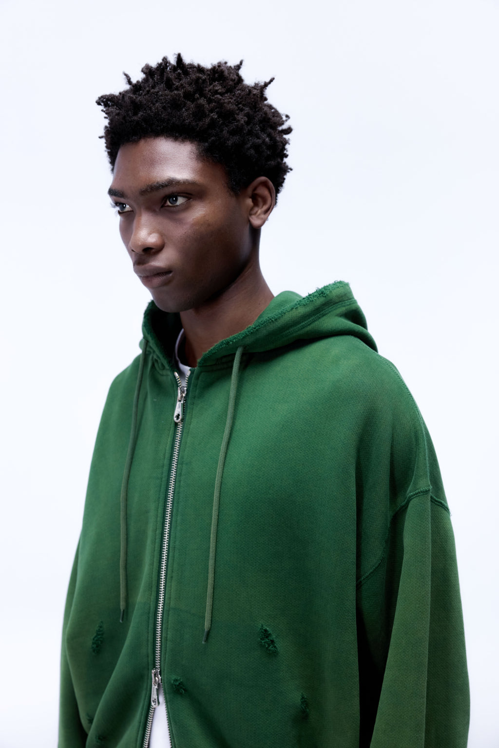 Cole Buxton | Distressed Zipped Hoodie | Mens | Washed Forest Green