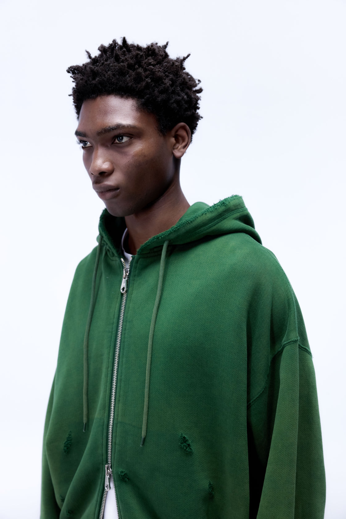 Cole Buxton | Distressed Zipped Hoodie | Mens | Washed Forest Green