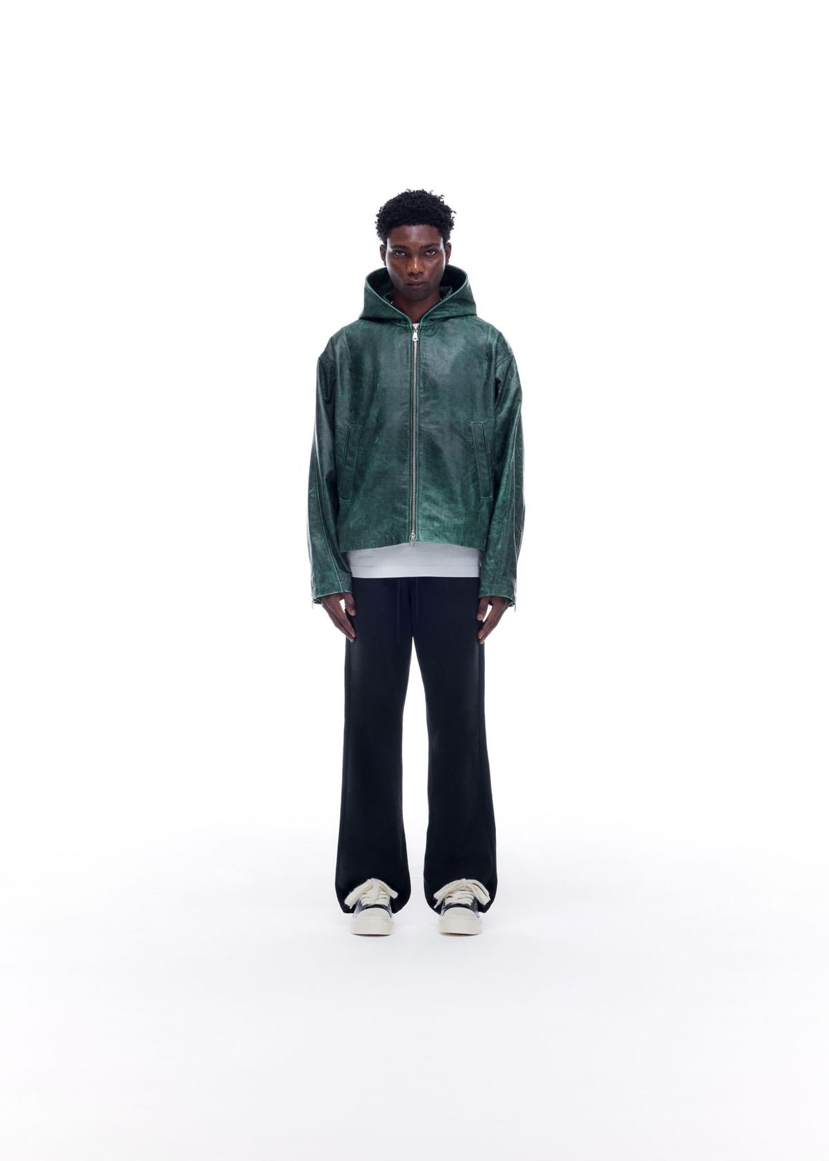 Cole Buxton | Hooded Leather Jacket | Mens | Green