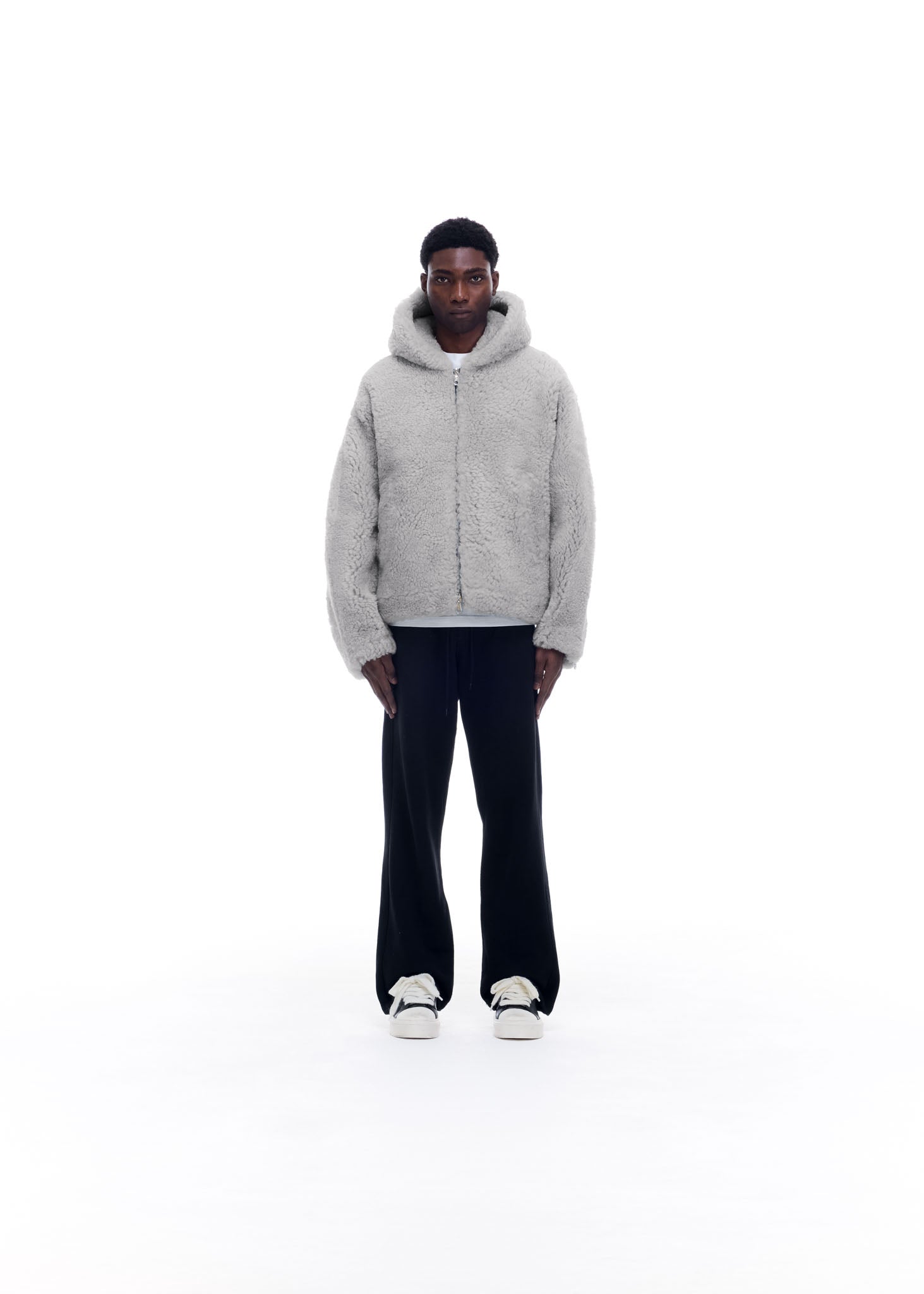 Cole Buxton | Hooded Shearling Jacket | Mens | Merino Skin | Grey