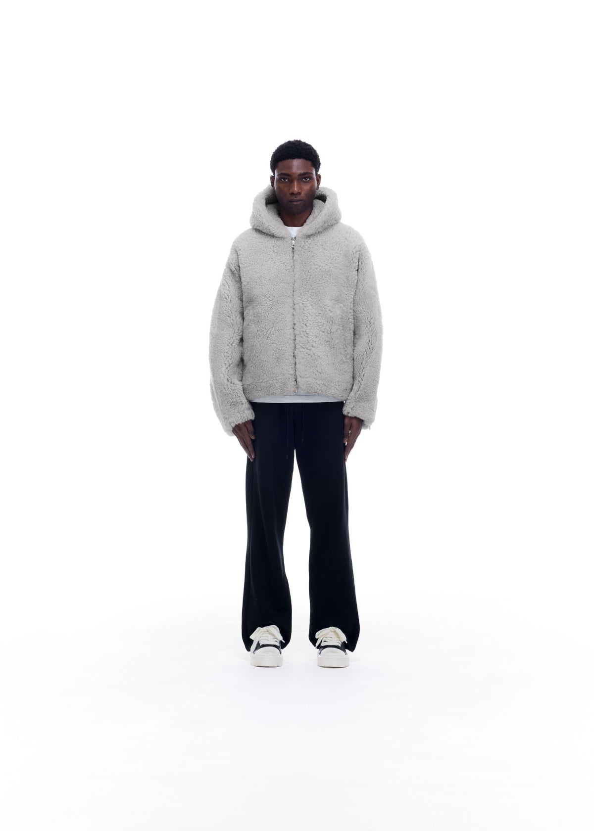 Cole Buxton | Hooded Shearling Jacket | Mens | Merino Skin | Grey