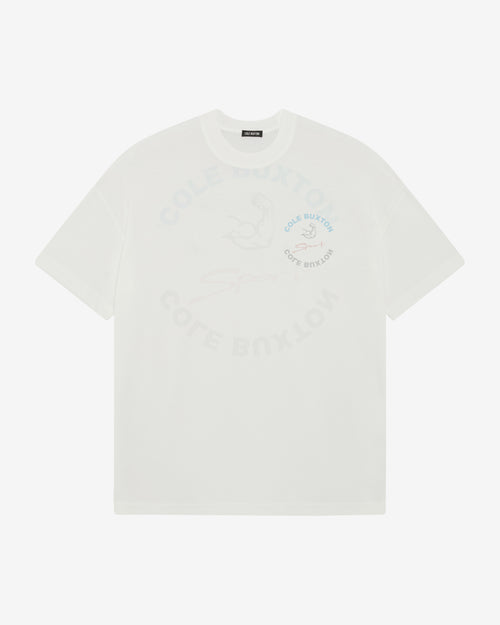 A white short-sleeve crewneck t-shirt with a faint, tonal graphic print on the front featuring a bird and the text 'CORE BOXLOW'.
